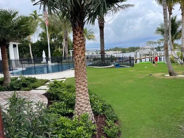 Waterfront property with palm trees and pool area landscaping